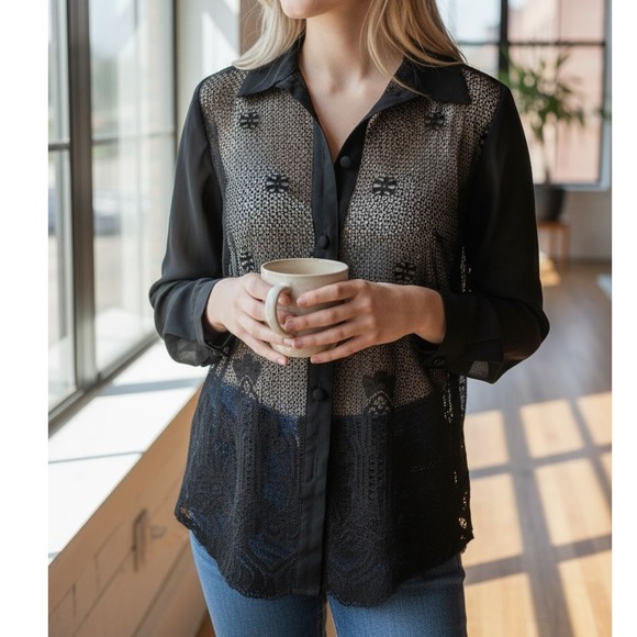 Vintage sheer Black Lace Button Up Long Sleeve Blouse Top Women's - Picture 4 of 4